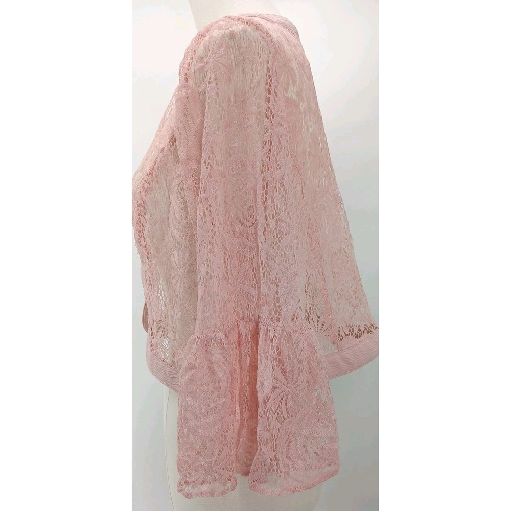 Pink Floral Rose Lace Ruffle Flared Sleeve Cardigan Tagless Size Med Valentines - Picture 7 of 7